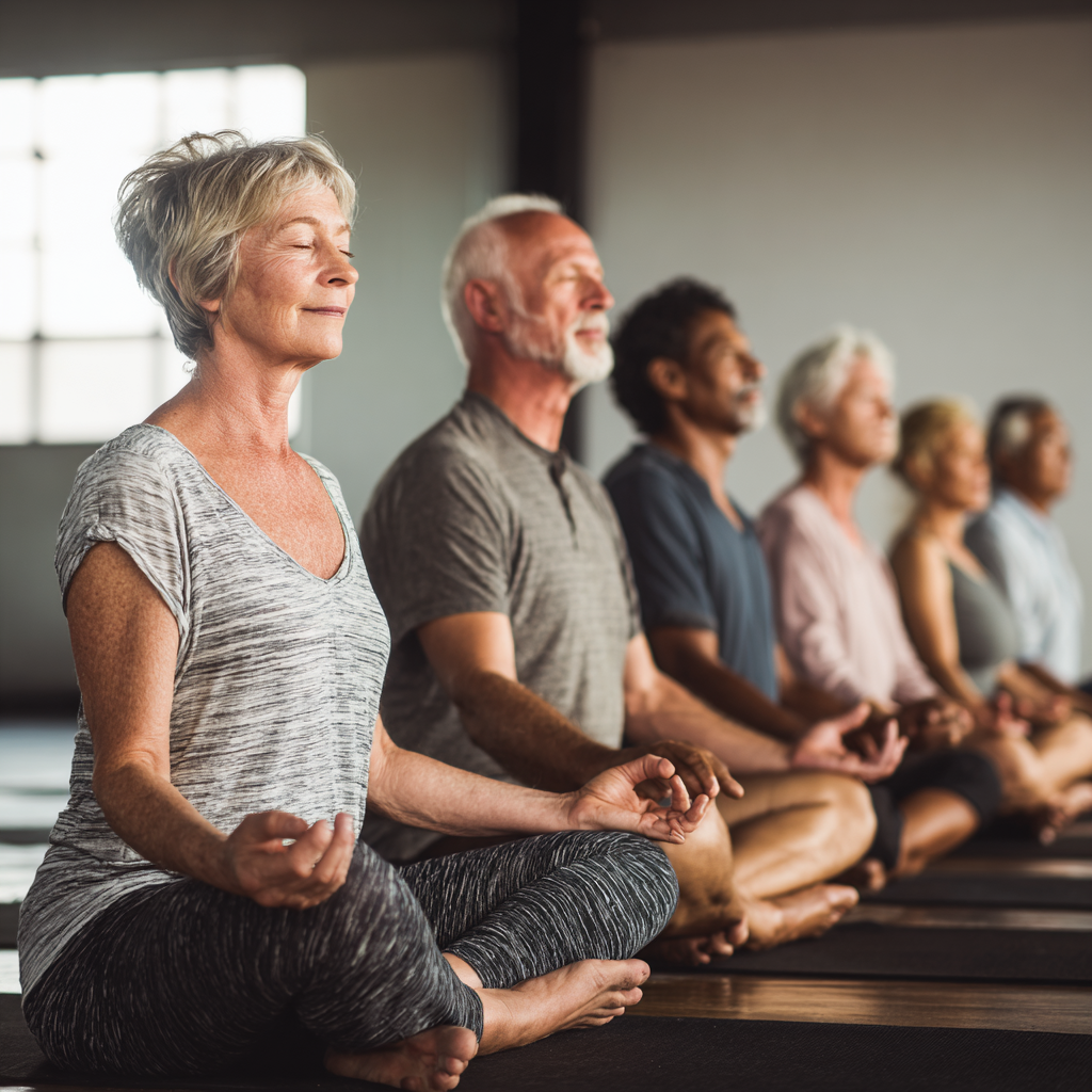 group of middle-aged and senior adults practicing yoga together