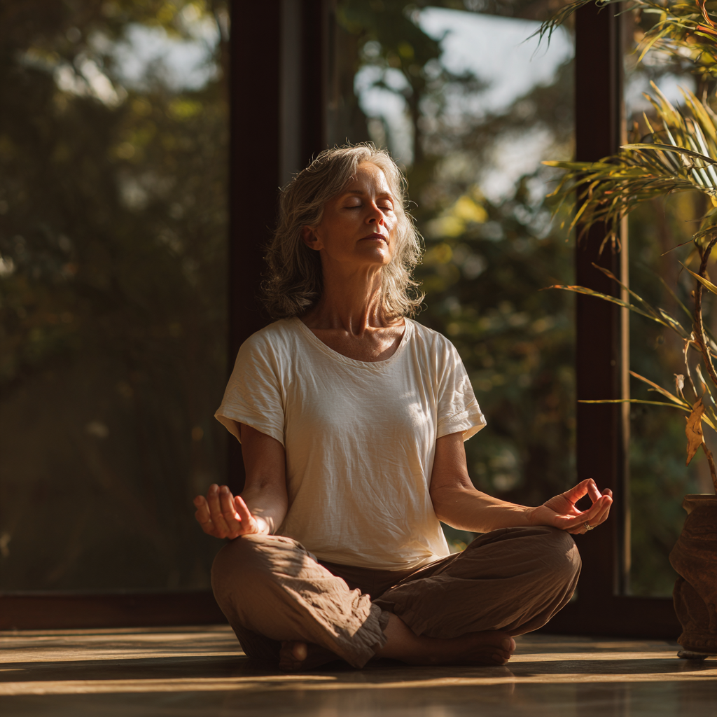 mature woman practicing yoga in peaceful environment